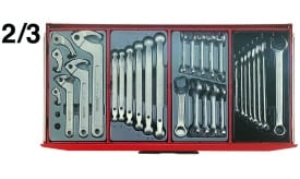 Comprehensive tool set featuring various wrenches and adjustable spanners arranged neatly in a red storage case.