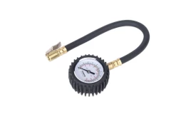 Digital tyre pressure gauge with rubber hose and brass fittings for accurate tyre inflation measurements.