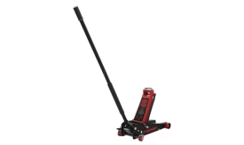 Premier hydraulic floor jack with a long handle and red and black design, capable of lifting up to 2 tons.