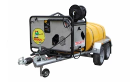 Triac water trailer featuring a yellow tank and integrated hose reel for efficient water transport and application.