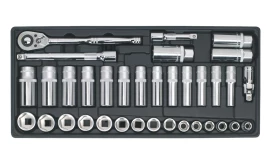 Comprehensive socket set featuring various sizes of sockets and a ratchet tool, ideal for automotive and mechanical tasks.