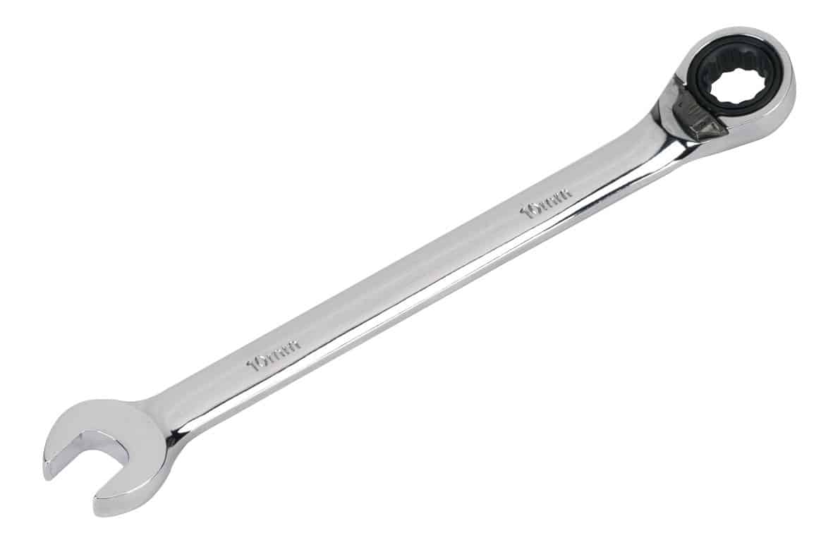 17mm chrome ratchet wrench with a polished finish, featuring a standard open end and a ratcheting mechanism for ease of use.