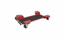 Heavy-duty mechanic's creeper with four wheels and a sturdy platform for easy mobility under vehicles.