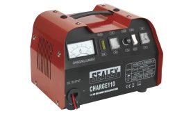 Sealey Charge110 battery charger with ammeter and output connections for 12V and 24V batteries, designed for efficient charging.