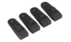 Set of four black clips designed for securing items, featuring a sturdy design and easy-to-use lever mechanism.