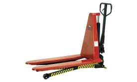 Red hydraulic pallet truck with a sturdy design, featuring two forks for lifting and transporting heavy loads efficiently.