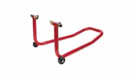 Red motorcycle stand with wheels for easy manoeuvrability and stability during maintenance or storage.