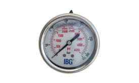 IBG pressure gauge measuring up to 4500 PSI with clear dial and red markings for accurate readings.