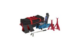 Mechanics tool kit featuring a hydraulic jack, jack stands, and accessories in a carrying bag, ideal for automotive repairs.