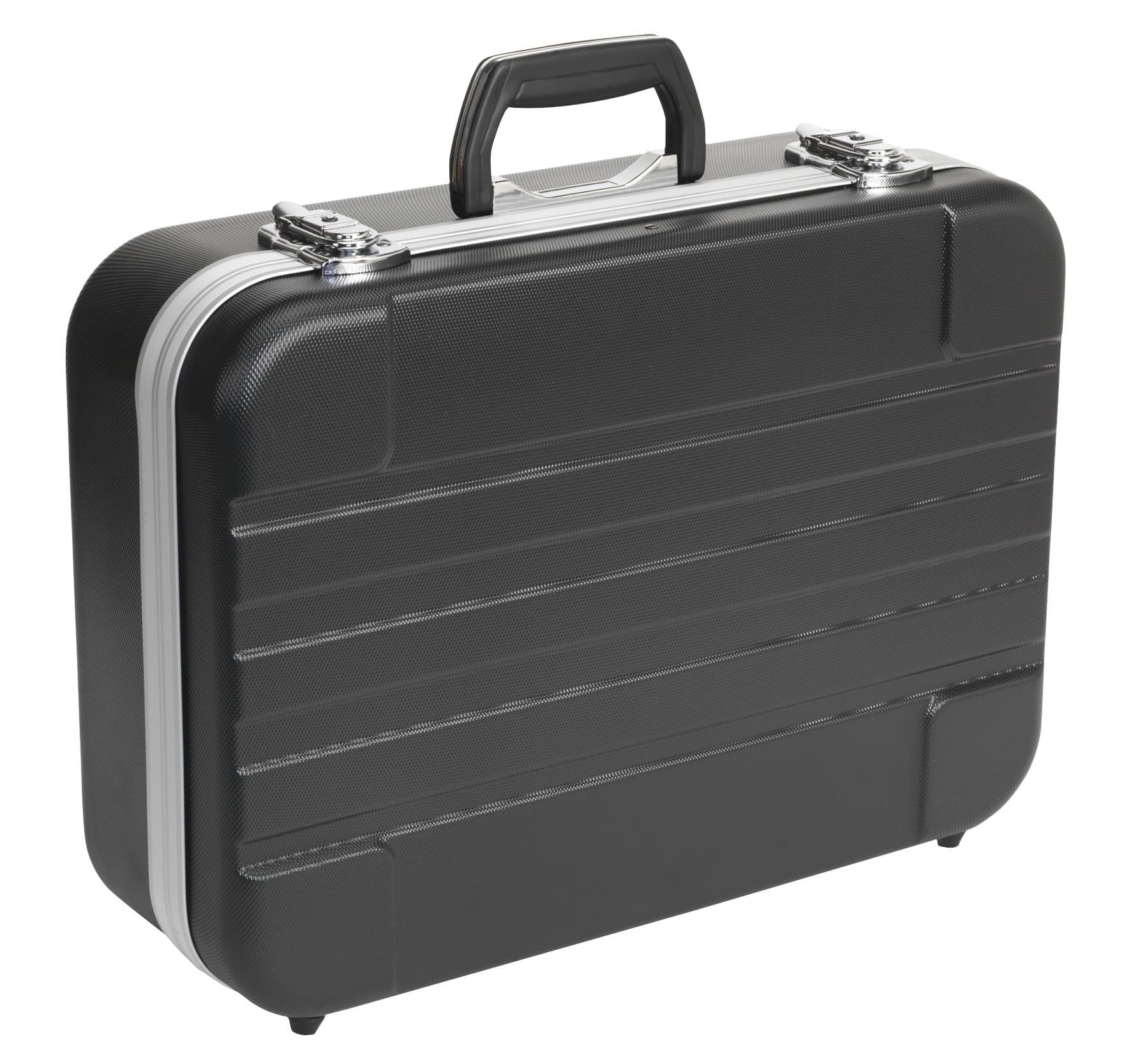 Black hard shell briefcase featuring a sturdy handle and secure clasps, ideal for carrying documents and essentials.