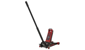 Premier hydraulic floor jack with a 2.5-ton capacity, featuring a long handle and sturdy wheels for easy manoeuvrability.