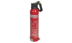 Sealey fire extinguisher designed for small fires, featuring a red metal body and black handle, with clear instructions for use.