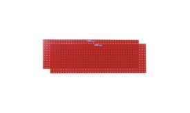 Red perforated panels with multiple holes for tool and equipment storage, ideal for workshops and garages, enhancing organisation and accessibility.