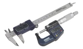 Digital caliper and micrometer set for precise measurements in engineering and manufacturing applications.