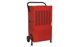 Red portable heater with wheels, featuring a vented design and sturdy handle for easy mobility, suitable for various heating needs.