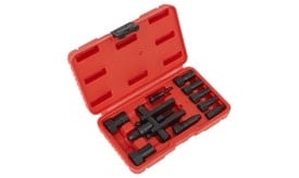 Comprehensive tool set featuring various sizes of sockets and a puller tool, housed in a durable red storage case.