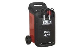 Sealey START 420 portable jump starter with cables for vehicle battery support, featuring wheels for easy transport.