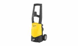 Compact high-pressure washer in yellow and black, featuring a sturdy handle and wheels for easy mobility, ideal for cleaning tasks.