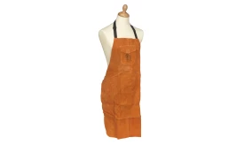 Brown leather work apron with adjustable straps and front pocket, suitable for various trades and crafts.