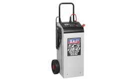 Sealey ECS850 electronic charger starter with wheels and handle for easy mobility, suitable for automotive battery charging.