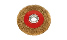 Brass wire brush wheel with a red centre, ideal for cleaning and polishing surfaces, 100mm diameter.