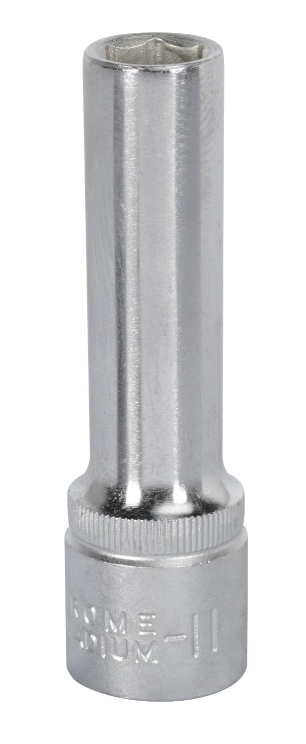 Chrome socket wrench tool with a long shaft and hexagonal opening, ideal for various mechanical tasks and repairs.