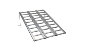 Aluminium loading ramps designed for vehicles, featuring a sturdy construction and multiple rungs for enhanced grip and stability.