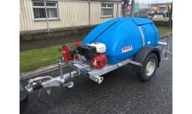 Blue water trailer featuring a Honda engine and hose reel, designed for efficient water transport and distribution.