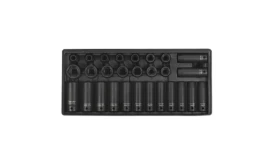 17-piece socket set featuring various sizes, crafted from durable materials, organised in a black storage tray for easy access and storage.