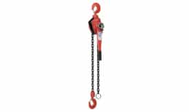 Red chain hoist featuring a durable hook, designed for lifting heavy loads efficiently and safely.