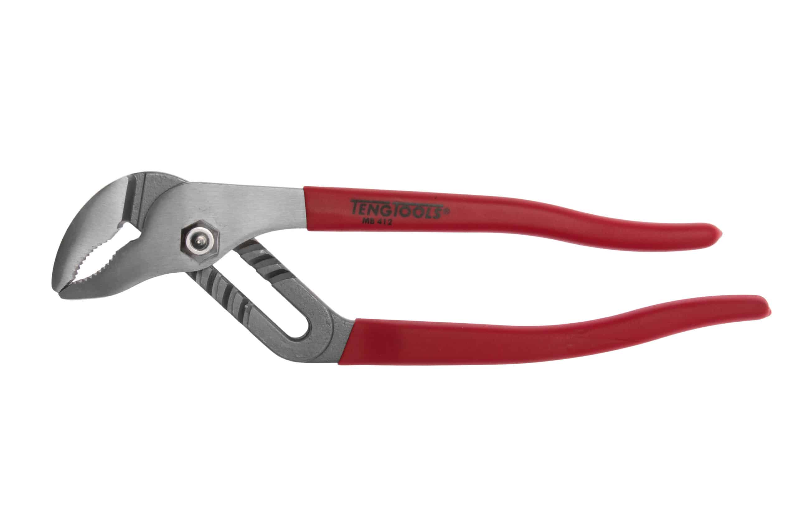 Teng Tools adjustable pliers with red rubber grips and steel jaws, suitable for gripping and turning various objects.