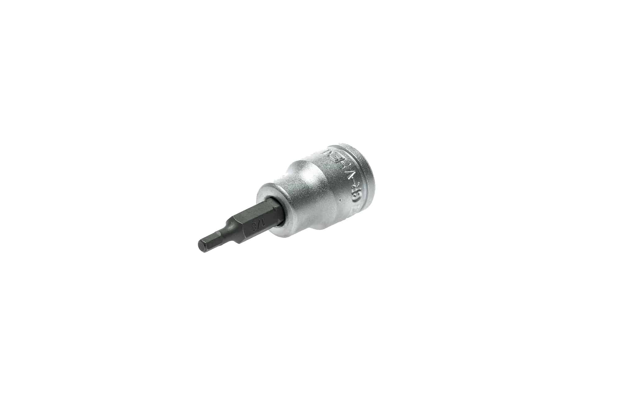 3/8 inch drive socket bit with a hexagonal tip for fastening and loosening screws and bolts, made of durable metal.