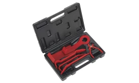 Red tool set including various tools in a black carrying case, ideal for automotive and mechanical tasks.