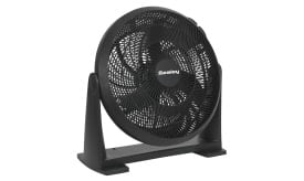 Sealey black table fan with a sturdy base and adjustable speed settings, ideal for personal cooling in various environments.