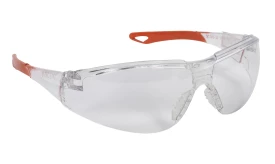 Clear safety glasses featuring orange accents, designed for eye protection in various environments and activities, ensuring visibility and comfort.