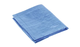 Blue plastic tarpaulin sheet folded neatly, suitable for various protective covering applications, durable and waterproof material.