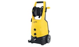 High-pressure washer in yellow with hose reel, designed for efficient cleaning tasks, featuring adjustable pressure settings and wheels for mobility.