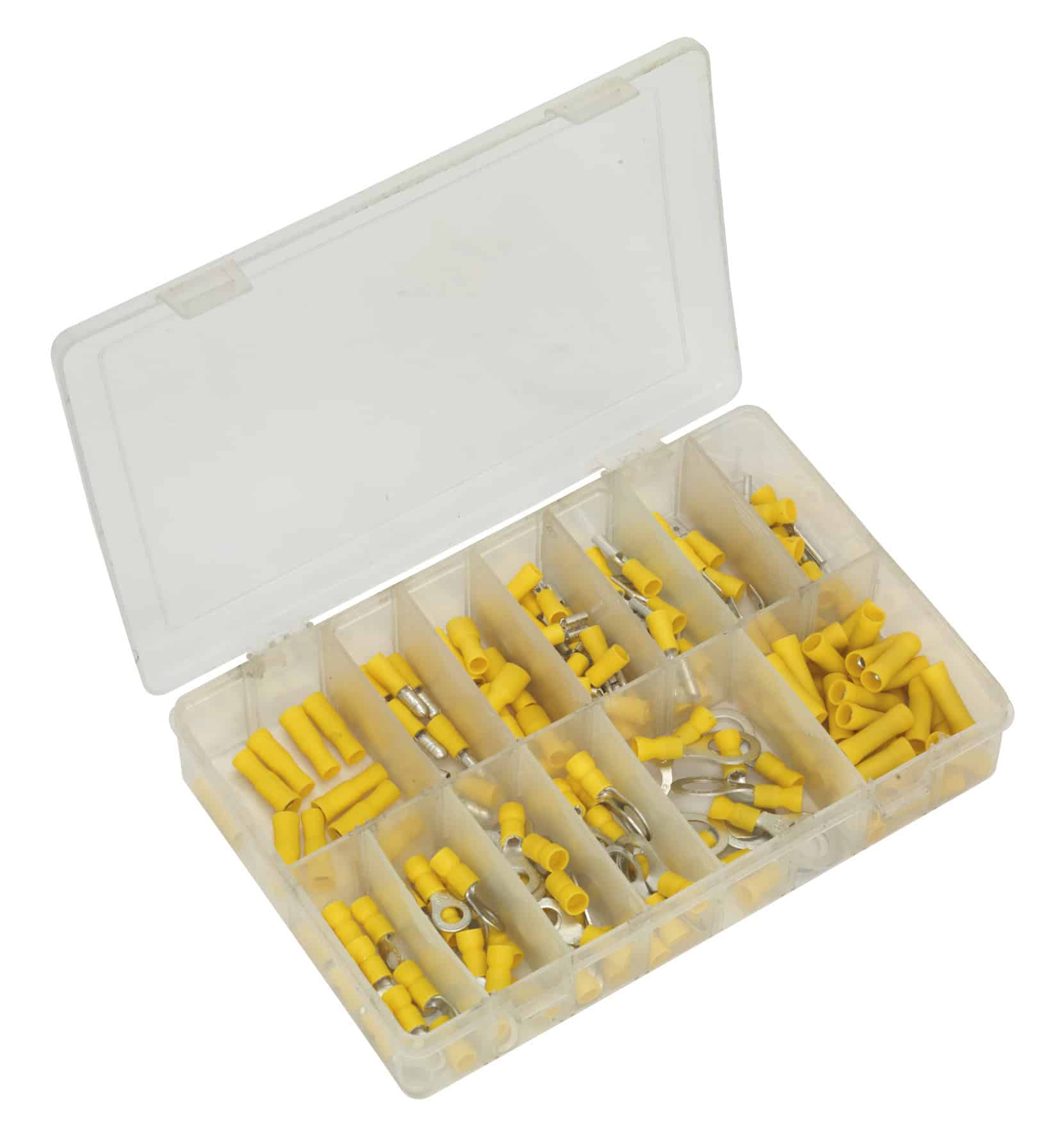 Electrical connector kit featuring yellow terminals and connectors in a transparent storage case, ideal for various wiring projects.