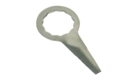 Metal bottle opener featuring a serrated edge and circular grip, designed for easy bottle cap removal and opening.