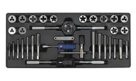 Comprehensive tap and die set featuring various taps, dies, and tools for threading and metalworking tasks.