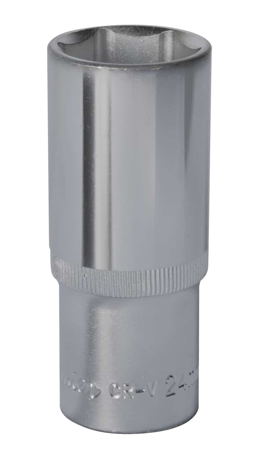 24mm chrome socket tool with a shiny finish, designed for use with ratchet wrenches and socket sets.