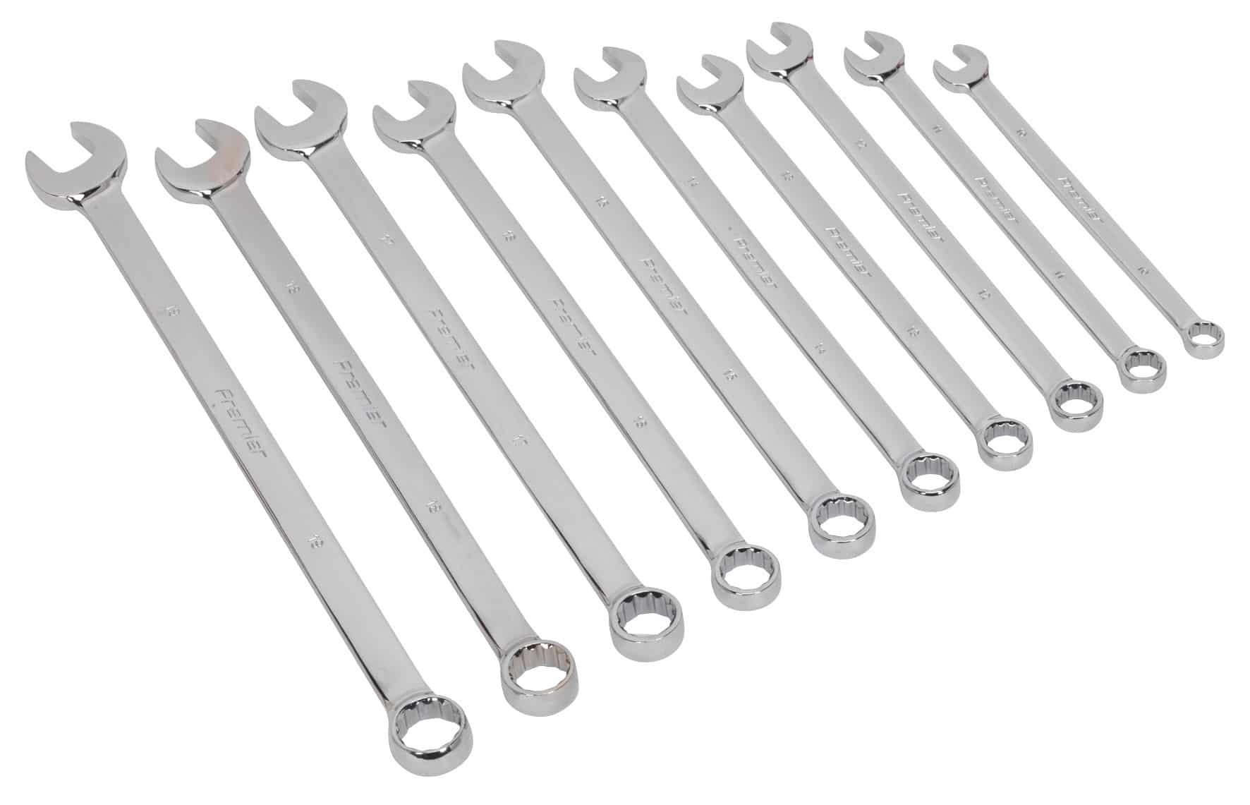 A set of 10 chrome spanners of varying sizes arranged in a row, showcasing their polished finish and open-end design.