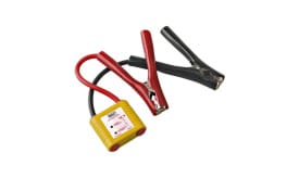 12V jump starter cables featuring red and black clamps for automotive battery connections, designed for efficient power transfer.